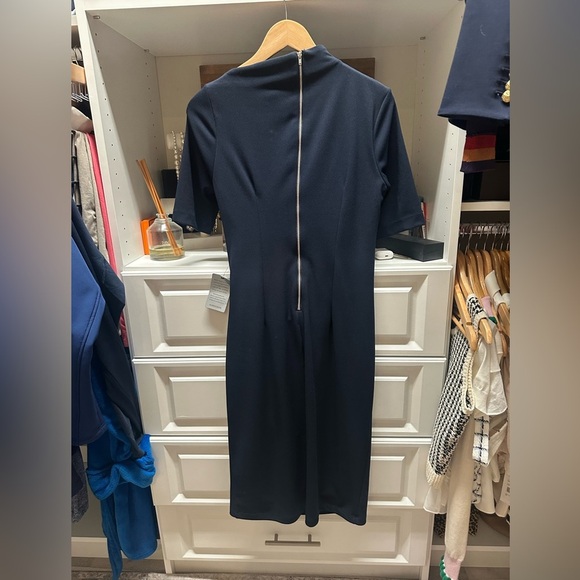 Maggy London asymmetrical neckline sheath midi dress in navy - Picture 5 of 7